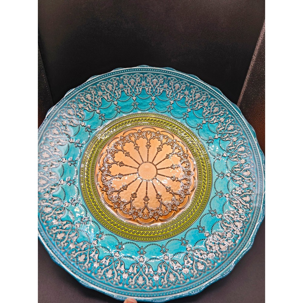Blue Amber Green Clear Floral Glass Decorative Bowl 13" Round Glossy Finish TS